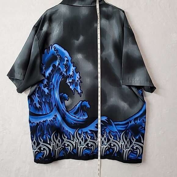 C-Two Mens XXL Hawaiian Shirt Black Gray Blue Wave Graphic Graffiti Design - Picture 5 of 14